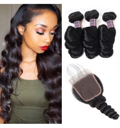 Jada Good Quality Malaysian Loose Wave Hair Bundles with Lace Closure 3 pcs