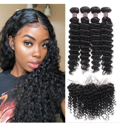 Jada High Density Peruvian Virgin Hair Deep Wave Hair Bundles 4 pcs with Lace Front