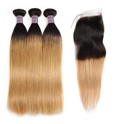 Jada Remy Virgin Human Straight Ombre Hair Bundles with Swiss Lace Closure