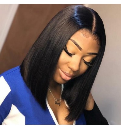 Jada Short Black Malaysian Human Hair Straight Bob Wigs with Lace Closure