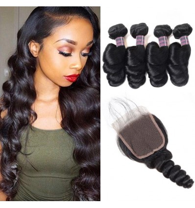 Jada Malaysian Loose Wave 4 Bundles With Lace Closure Hair Weave Extension