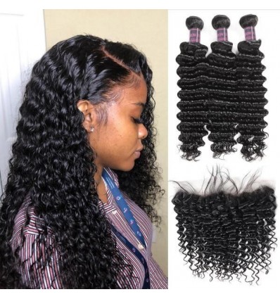 Jada 3 Bundles Brazilian Deep Wave Hair Extension with Lace Frontal