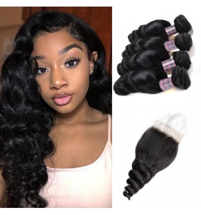 Jada Highlight Peruvian Virgin Hair Extension 4 Bundles with 4x4 Lace Closure