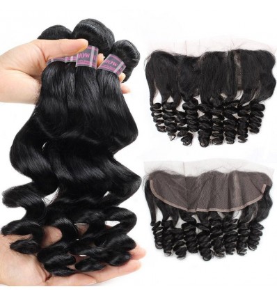 JadaBeautiful Black Peruvian Virgin Loose Wave Hair Bundles with Lace Frontal