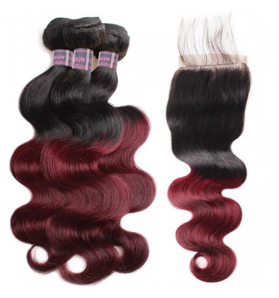 Jada Body Wave Ombre Burgundy Hair Extension 3 Bundles with Lace Closure