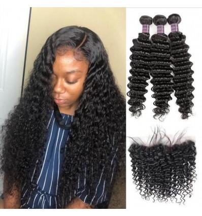 Jada Remy Malaysian Hair Extensions Deep Wave 3 Bundles Lace Frontal