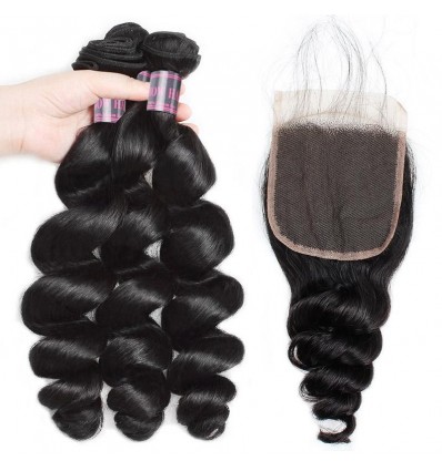 Jada Natural Long Loose Wave Brazilian Hair Bundles with Lace Closure