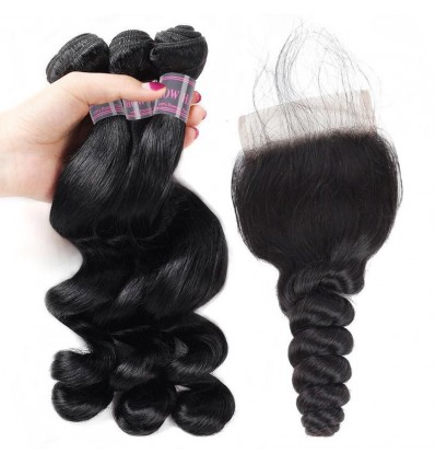 Jada Soft Black Peruvian Human Loose Wave Hair Bundles Lace Closure