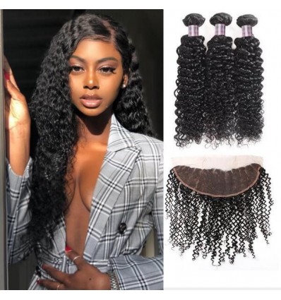 Jada Cheap Brazilian Kinky Curly Hair Bundles with Lace Frontal Weaves 3 pcs