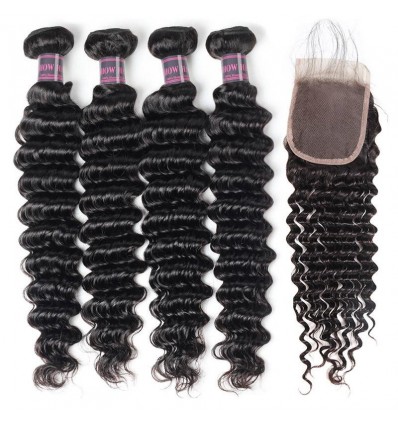 Jada Hair High Grade Deep Wave Malaysian Hair 4 Bundles with Lace Closure