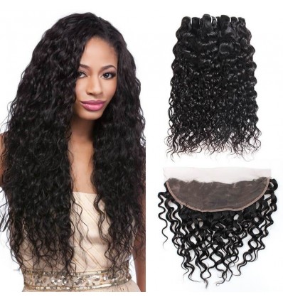 Jada Hair 100% Remy Indian Human Water Wave 3 Bundles Lace Frontal Hair