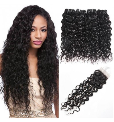 Natural Black Peruvian Water Wave Hair 4 Bundle Free Part with Closure