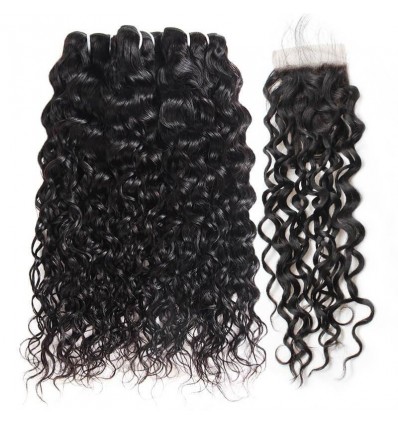 3 Bundles Indian Virgin Human Water Wave Hair Piece with Lace Closure
