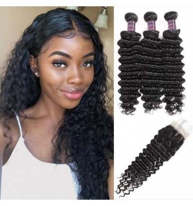 Jada Hair Realistic Peruvian Deep Wave Hair 3 Bundles with Lace Closure