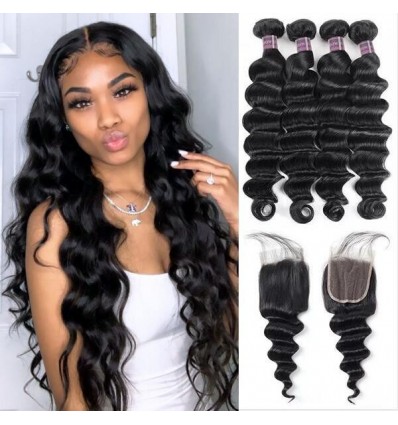 Remy Brazilian Loose Deep Wave Hair Extension Lace Closure 4 Bundles