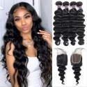 Remy Brazilian Loose Deep Wave Hair Extension Lace Closure 4 Bundles