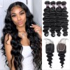 Remy Brazilian Loose Deep Wave Hair Extension Lace Closure 4 Bundles