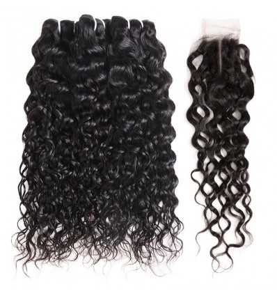 Middle Part Natural Black Long Water Wave Hair Bundles with Lace Closure
