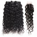 Middle Part Natural Black Long Water Wave Hair Bundles with Lace Closure