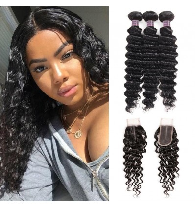 Jada Long Virgin Brazilian Hair Deep Wavy Bundles with Lace Closure