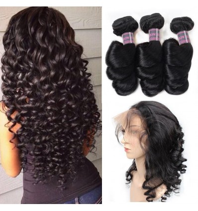 Jada Cheap 3 Bundles Long Black Peruvian Loose Wave Hair with Full Lace Frontal