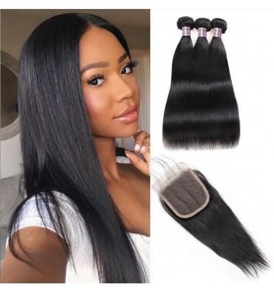 Jada Natural Brazilian Straight Human Hair Bundles with Lace Closure