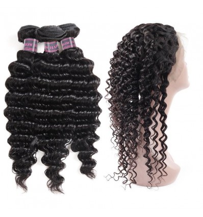 Jada 360 Full Lace Frontal Brazilian Human Deep Wave Hair Bundles 3 pcs