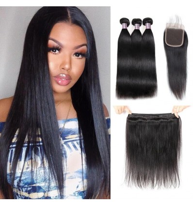 Jada Hair Peruvian Straight Virgin Extension 3 Bundles Hair with Lace Closure