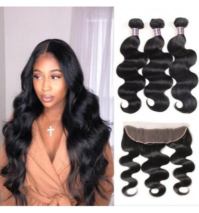 Jada Long Soft Indian Virgin Hair 3 Bundles Body Wave with Lace Frontal