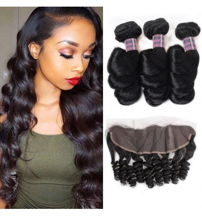 Jada Cheap Natural Indian Human Hair Loose Wave 3 Bunels with Lace Frontal