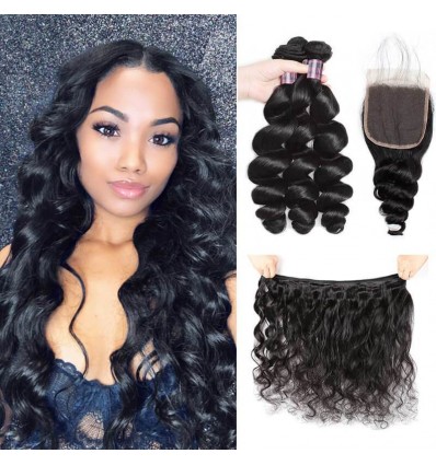 Jada Hair Natural Black Indian Loose Wave 3 Bundle Deals with Swiss Lace Closure