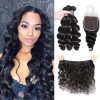 Jada Hair Natural Black Indian Loose Wave 3 Bundle Deals with Swiss Lace Closure
