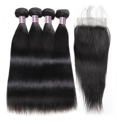 Jada Natural Black Peruvian Straight Virgin Hair Extension 4 Bundles with Lace Closure