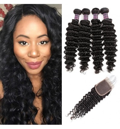 Jada Glueless Indian Deep Wave Hair Weaving 4 Bundles with Lace Closure