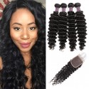 Jada Glueless Indian Deep Wave Hair Weaving 4 Bundles with Lace Closure